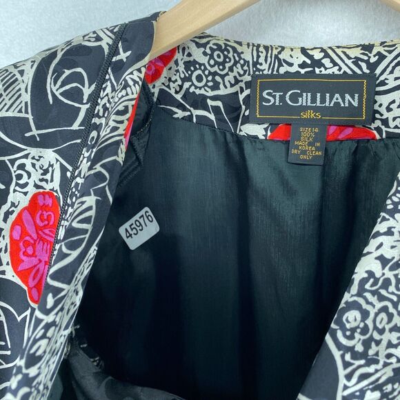ST. GILLIAN Blazer 14 Silks Abstract Floral Faux Cami Button Front Black Red Vtg - Picture 16 of 16